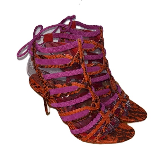 BRIAN ATWOOD Felisa Sandals Strappy Braided Leather Orange Pink Size 7.5 Animal - Picture 5 of 14